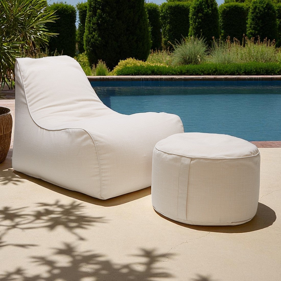 Deluxe Outdoor Lounger & Round Ottoman - Beige