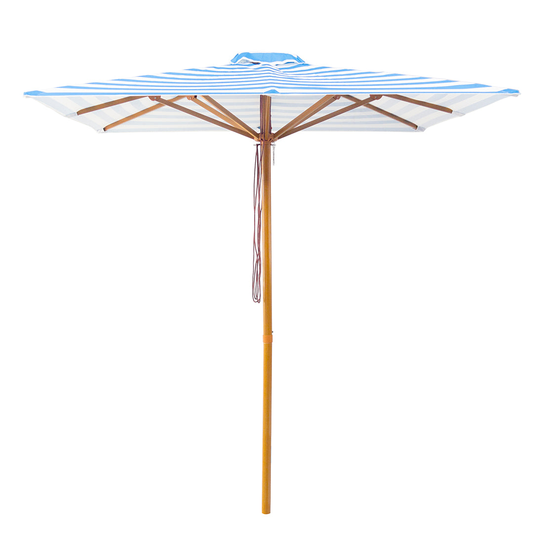 Byron Bay - 2m Blue and white stripe "timber-look" aluminium umbrella with cover