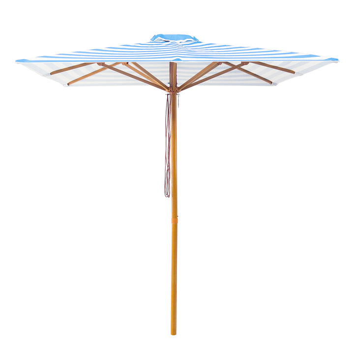 Byron Bay 2m Aluminium Umbrella with Cover – Blue &amp; White Stripe (Timber-Look Frame)