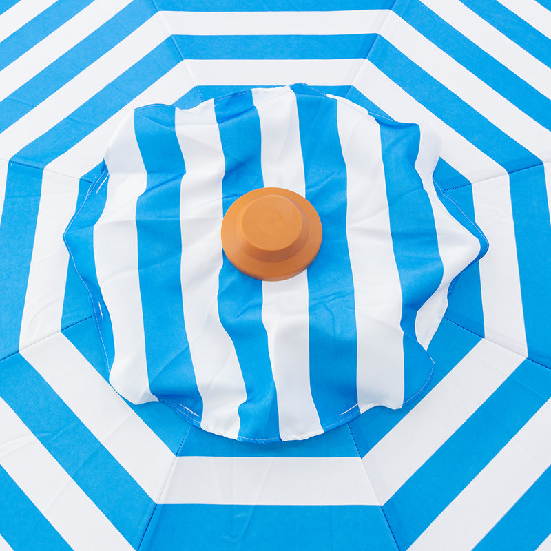Byron Bay - 3m octagonal Blue and white stripe "timber-look" aluminium umbrella with cover