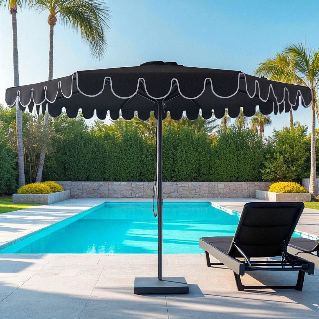 Midnight - 3m octagonal aluminium umbrella with flap and cover - Black with white trim