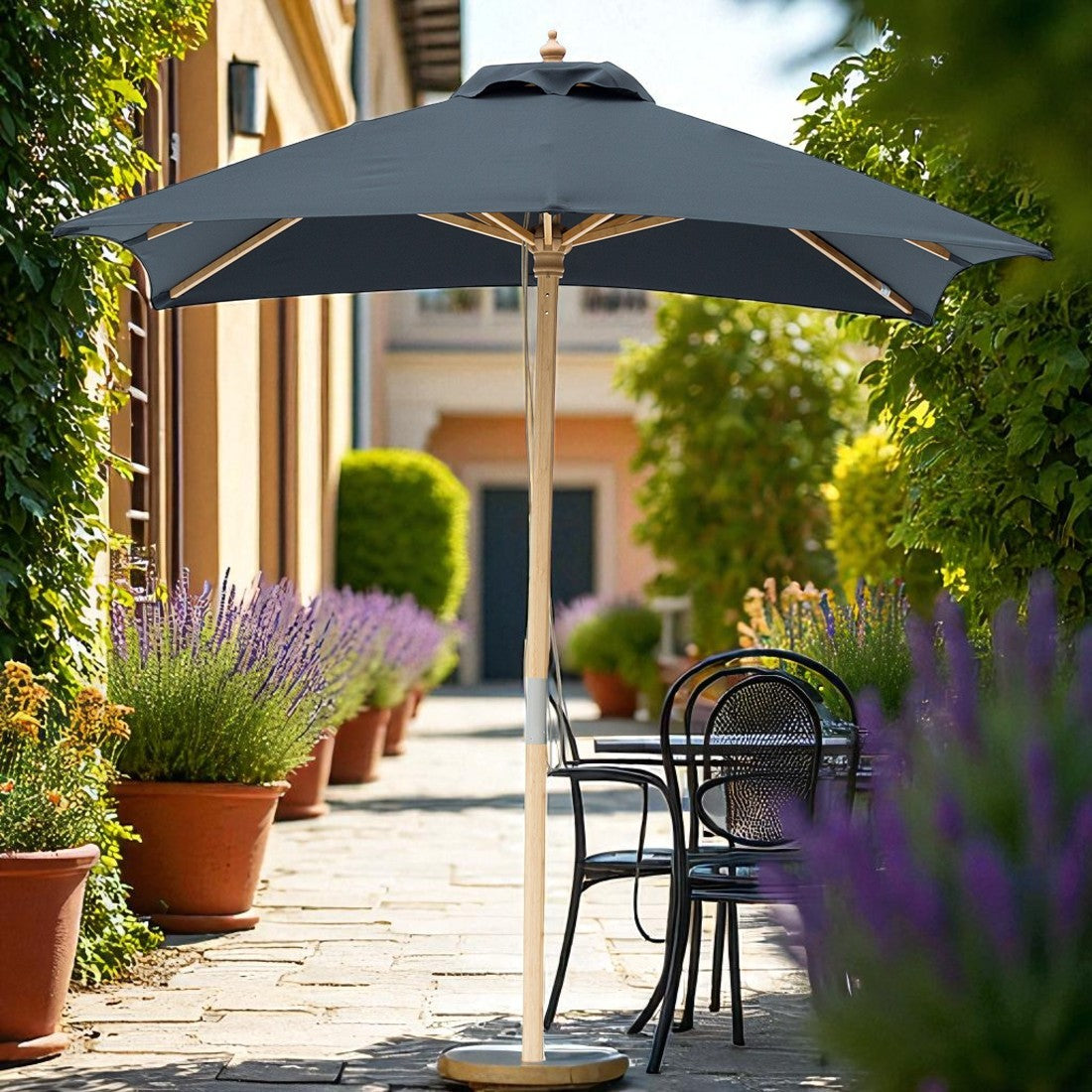 Black 2m square wooden market umbrella with cover