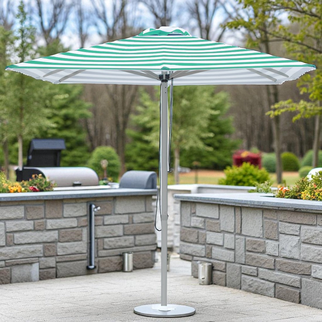 Daintree - 2m Green and white stripe  "timber-look" Aluminium square umbrella with cover