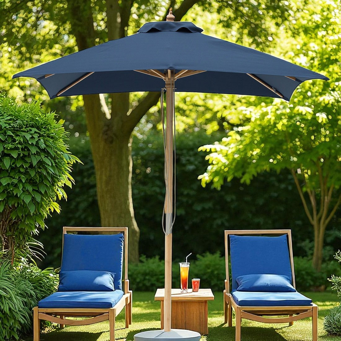 Navy 2m square wooden market umbrella with cover