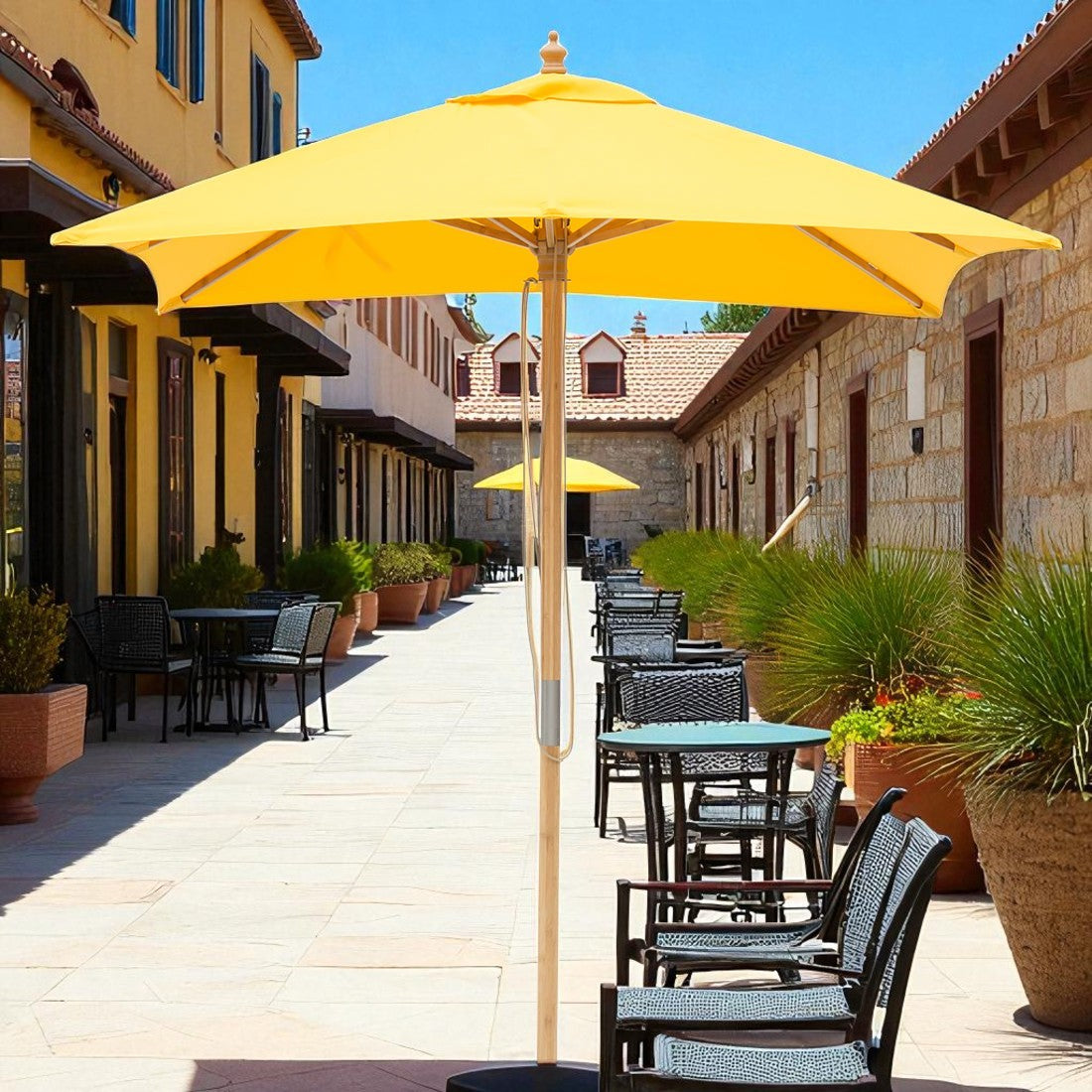 Yellow 2m square wooden market umbrella with cover