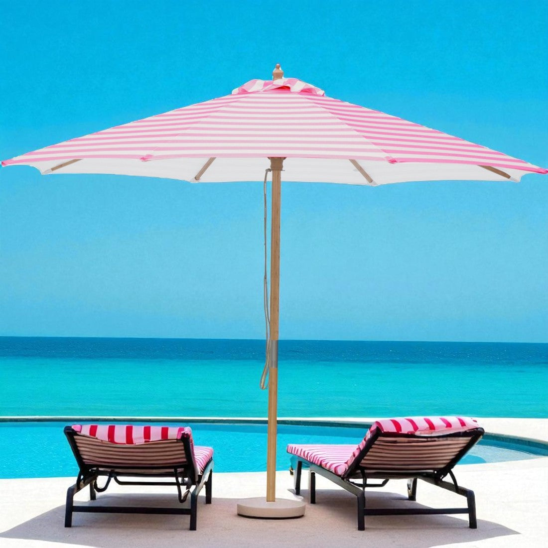 Flamingo 3m "Timber look" aluminum Umbrella with Cover - Pink & White Stripe