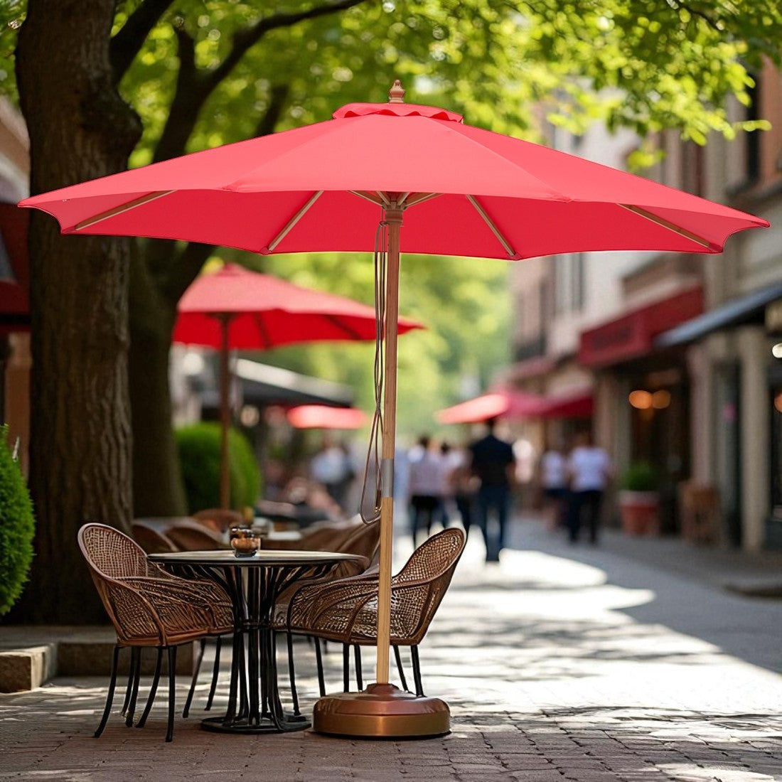 Red 3m diameter wooden market umbrella with cover