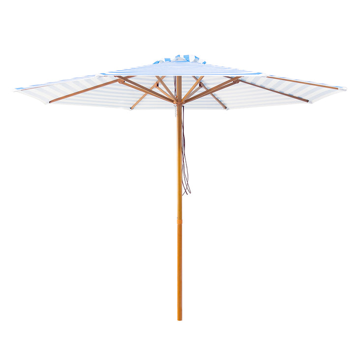 Byron Bay 3m Aluminium Umbrella with Cover – Blue &amp; White Stripe (Timber-Look Frame)