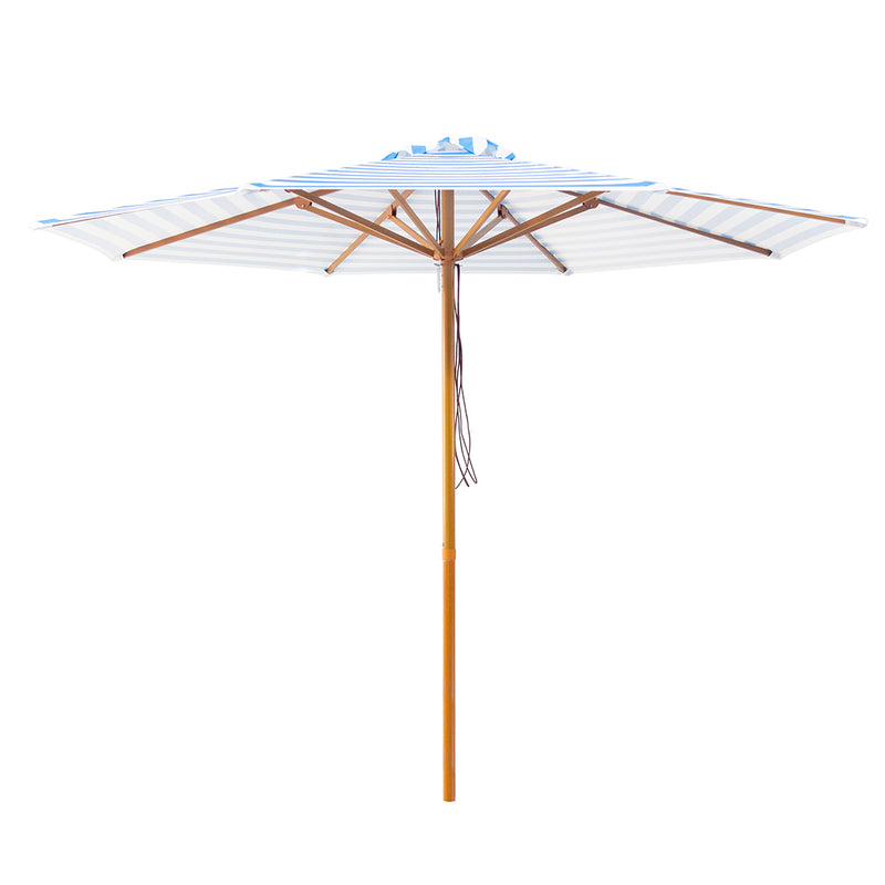 Byron Bay - 3m octagonal Blue and white stripe "timber-look" aluminium umbrella with cover