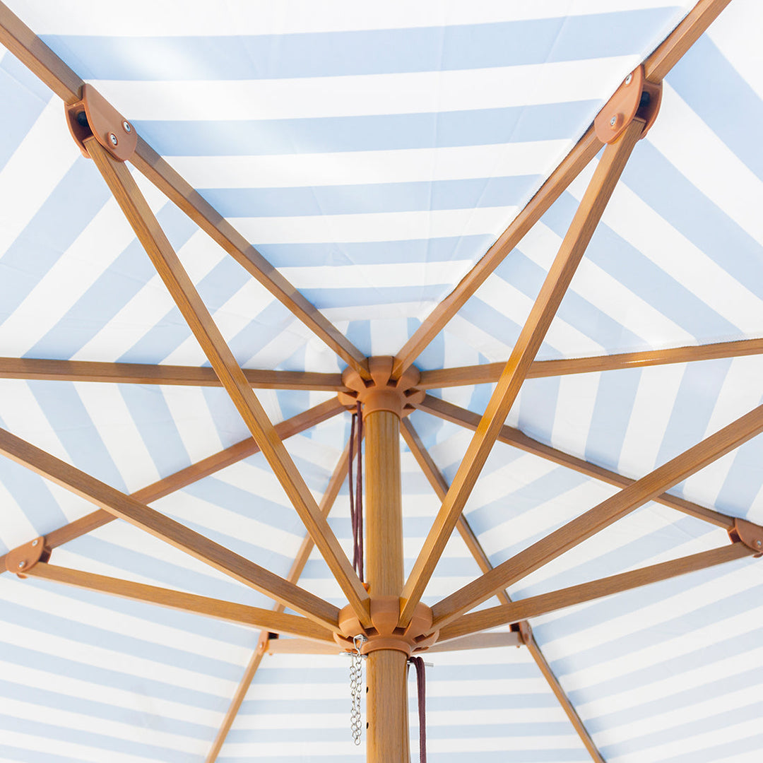 Byron Bay 3m Aluminium Umbrella with Cover – Blue &amp; White Stripe (Timber-Look Frame)