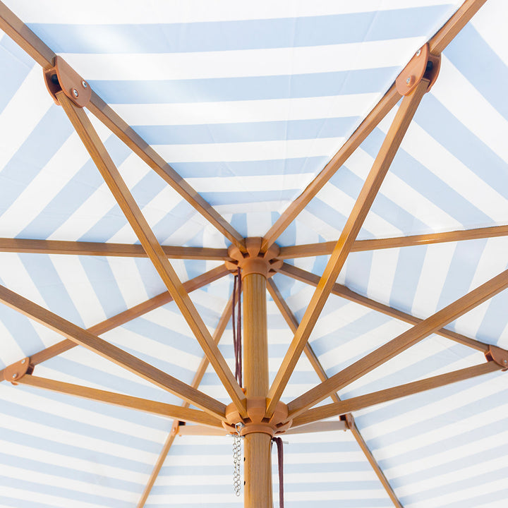 Byron Bay 3m Aluminium Umbrella with Cover – Blue &amp; White Stripe (Timber-Look Frame)