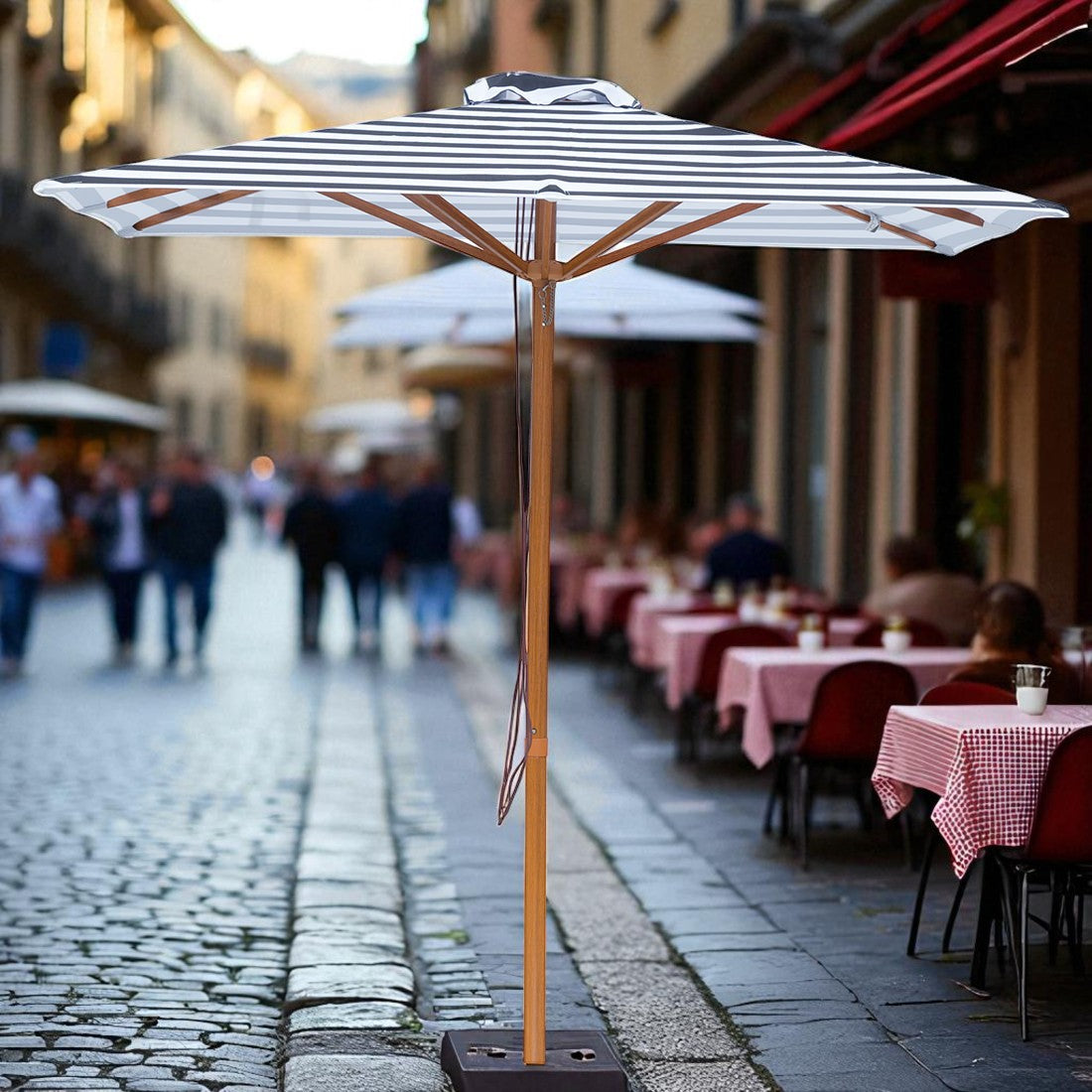 Aruba - 2m square black and white stripe "timber-look" aluminium umbrella with cover