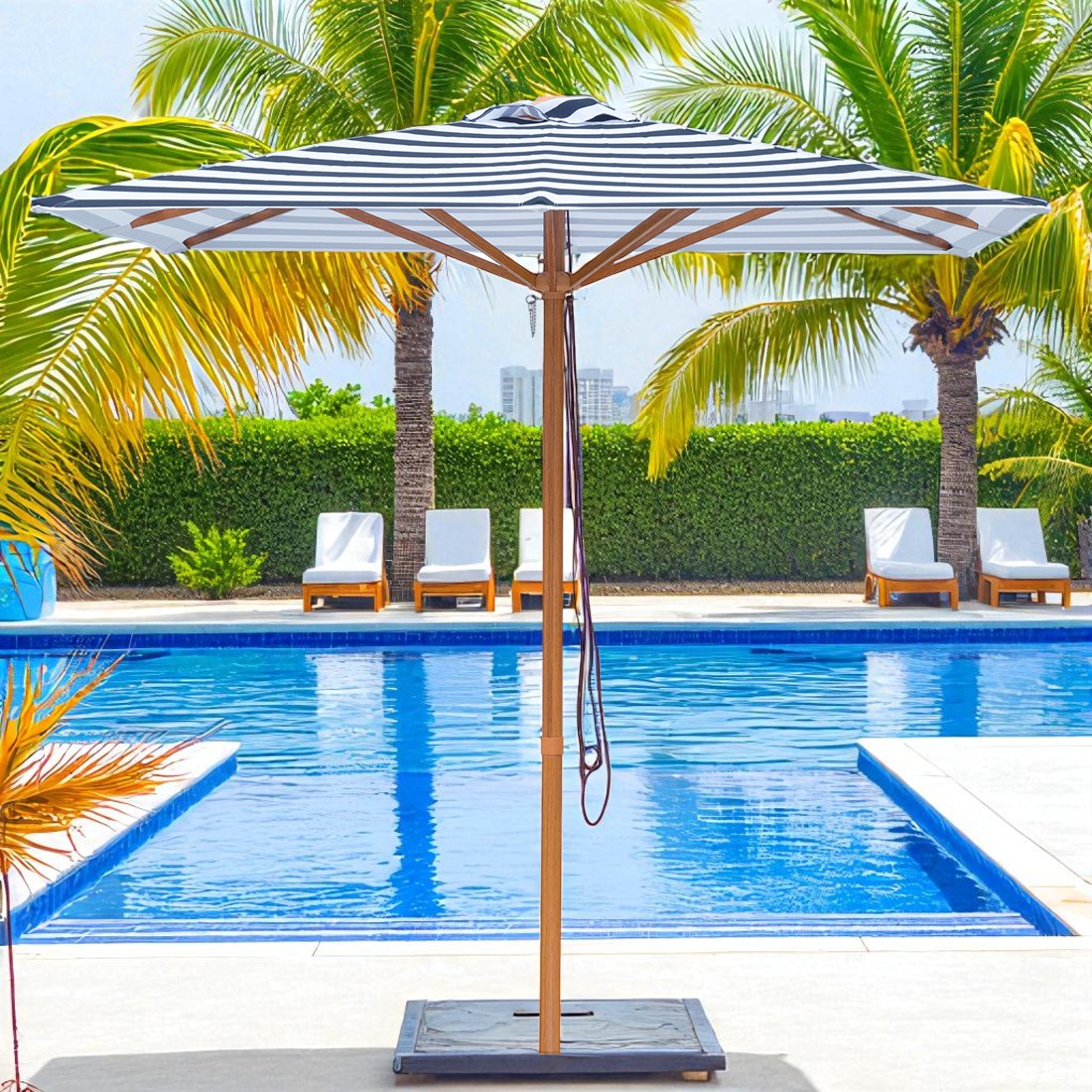Bahamas - 2m square navy and white stripe "timber-look" aluminium umbrella with cover