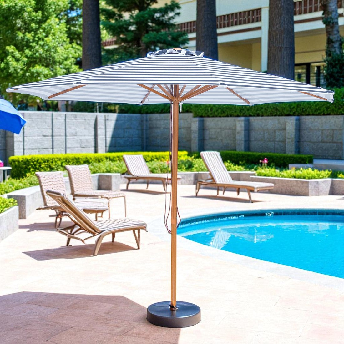 Bahamas - 3m octagonal navy and white stripe "timber-look" aluminium umbrella with cover
