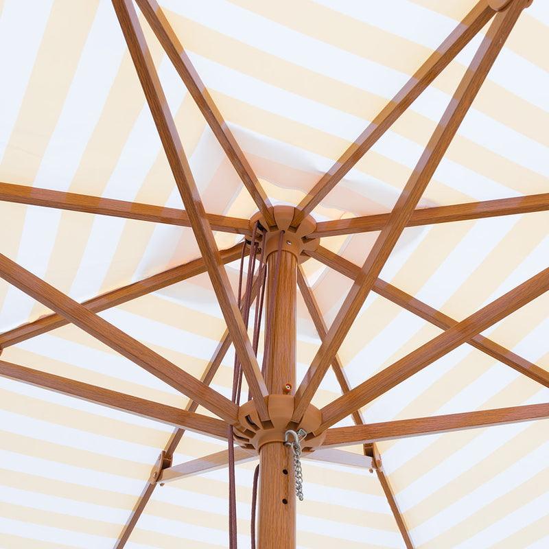 San Remo - 3m octagonal yellow and white stripe "timber-look" aluminium umbrella with cover