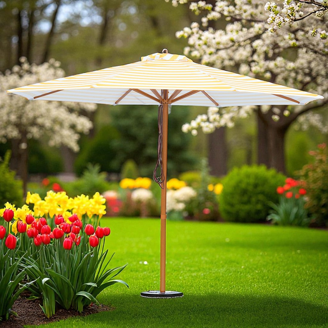 San Remo - 3m octagonal yellow and white stripe "timber-look" aluminium umbrella with cover