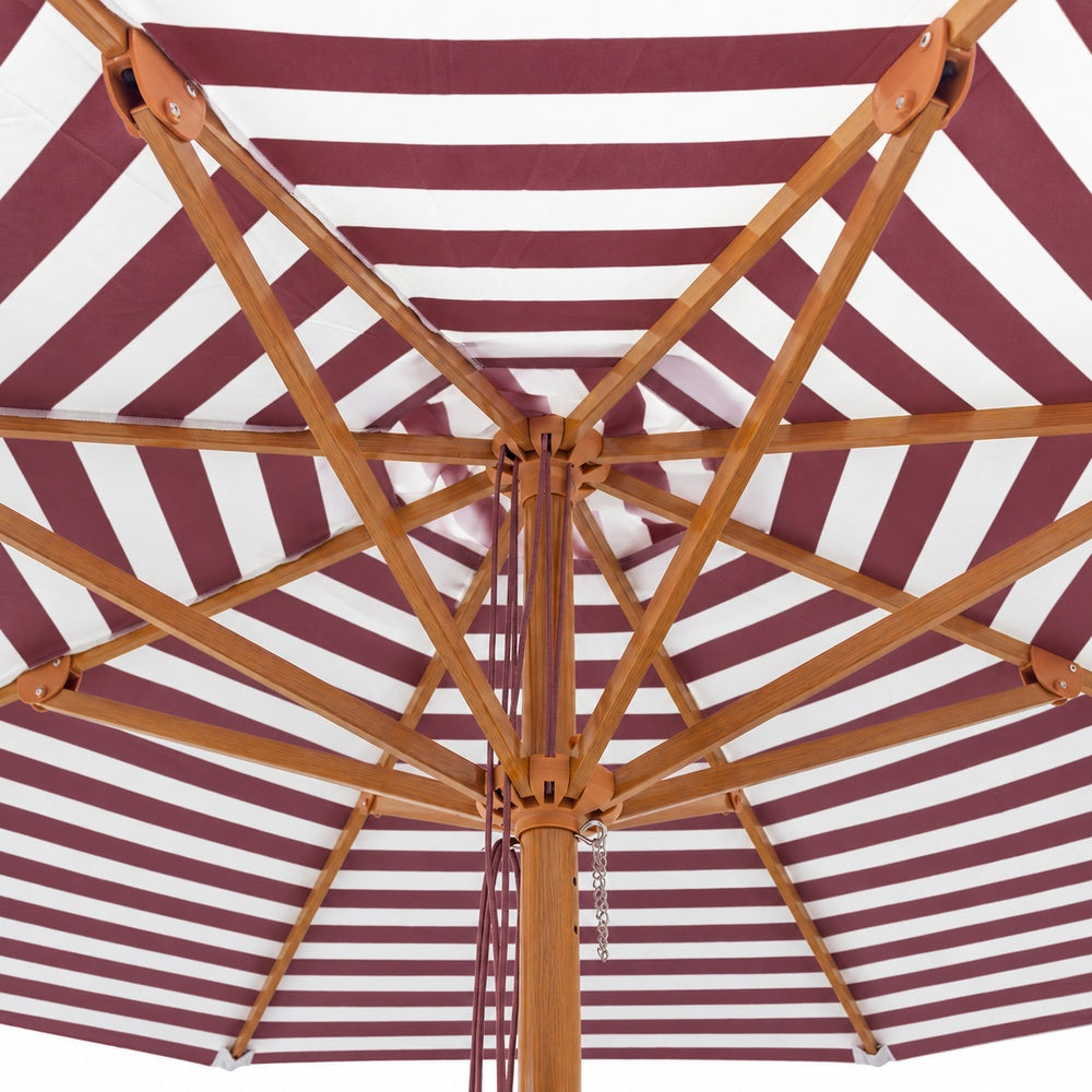 Bordeaux 3m Aluminium Umbrella with Cover - Maroon &amp; White Stripe (Timber-Look Frame)