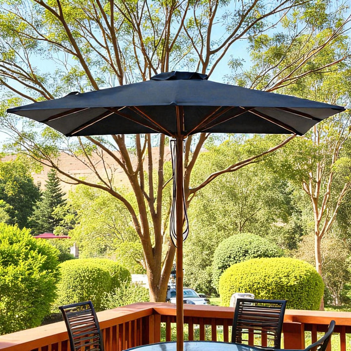 Navy 2m Aluminium Umbrella with Cover - Timber-Look Frame