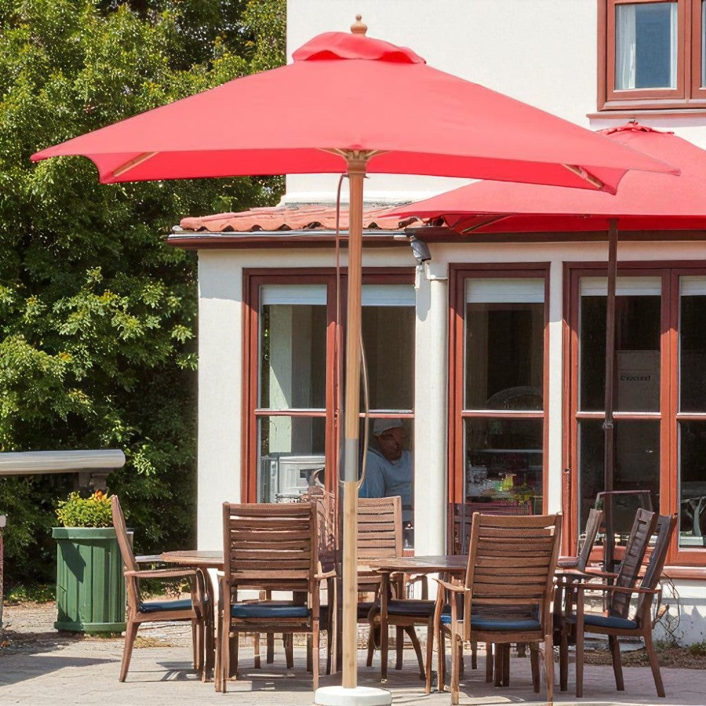 Red 2m square wooden market umbrella with cover