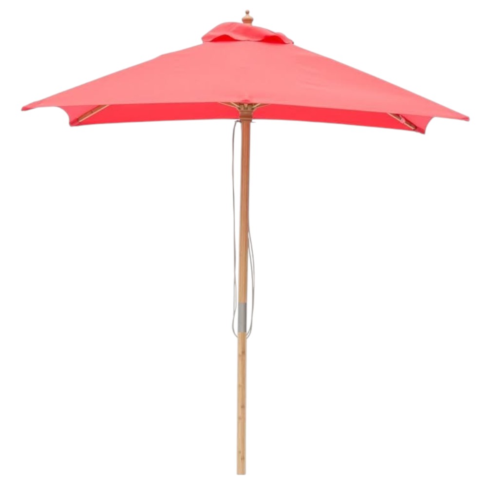 Red 2m square wooden market umbrella with cover