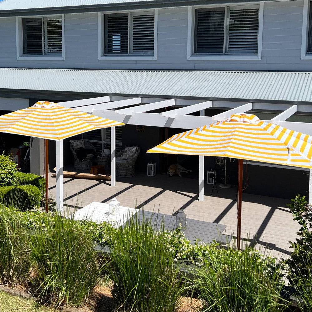 San Remo - 2m yellow and white stripe "timber-look" aluminium umbrella with cover
