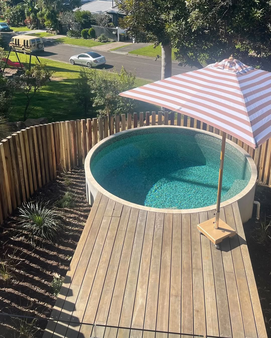 Coastal- 2m diameter square Taupe and white stripe umbrella with cover