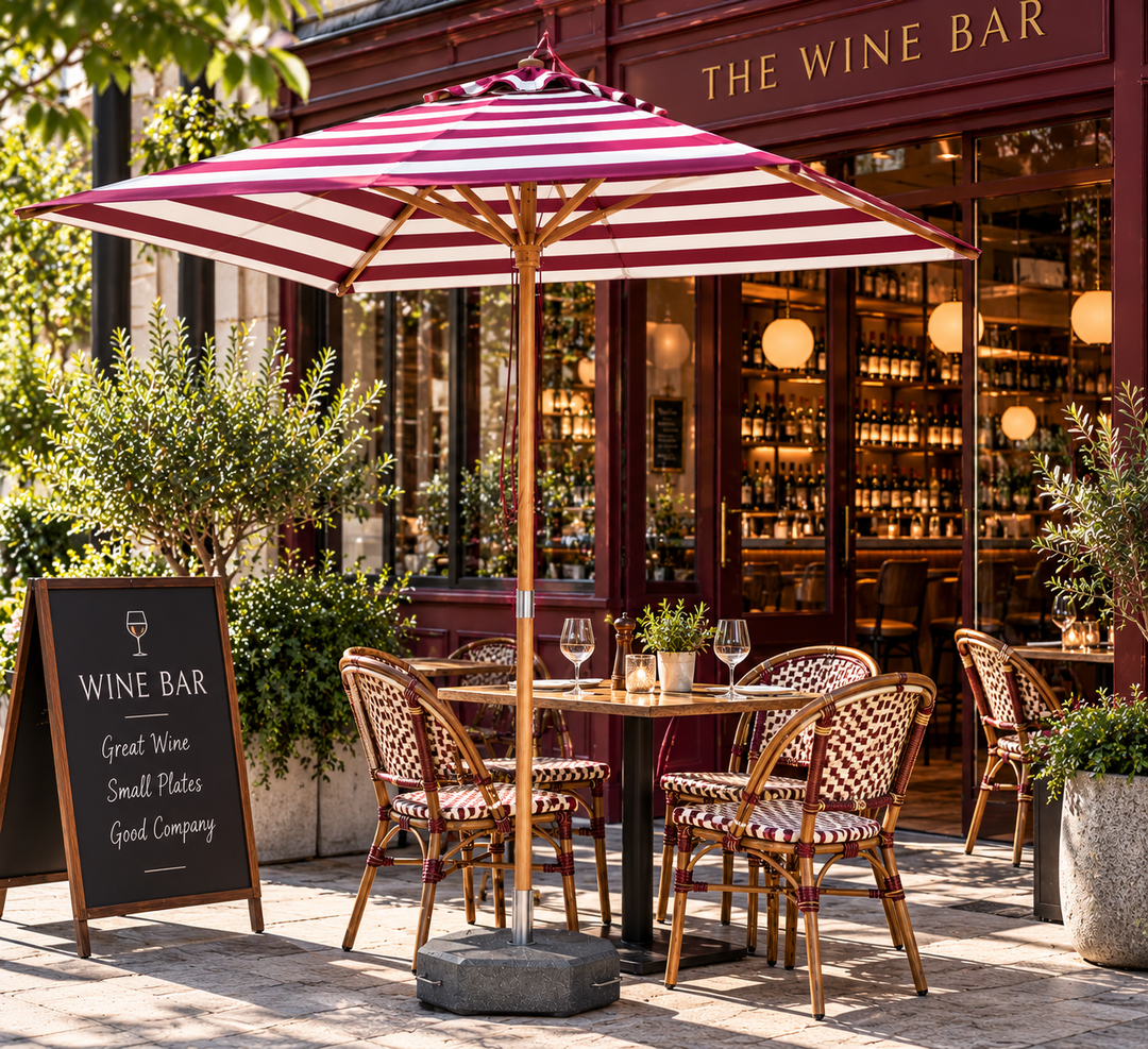 Bordeaux 2m Aluminium Umbrella with Cover - Maroon &amp; White Stripe (Timber-Look Frame) (Copy)