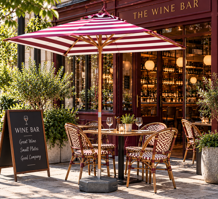 Bordeaux 2m Aluminium Umbrella with Cover - Maroon &amp; White Stripe (Timber-Look Frame) (Copy)