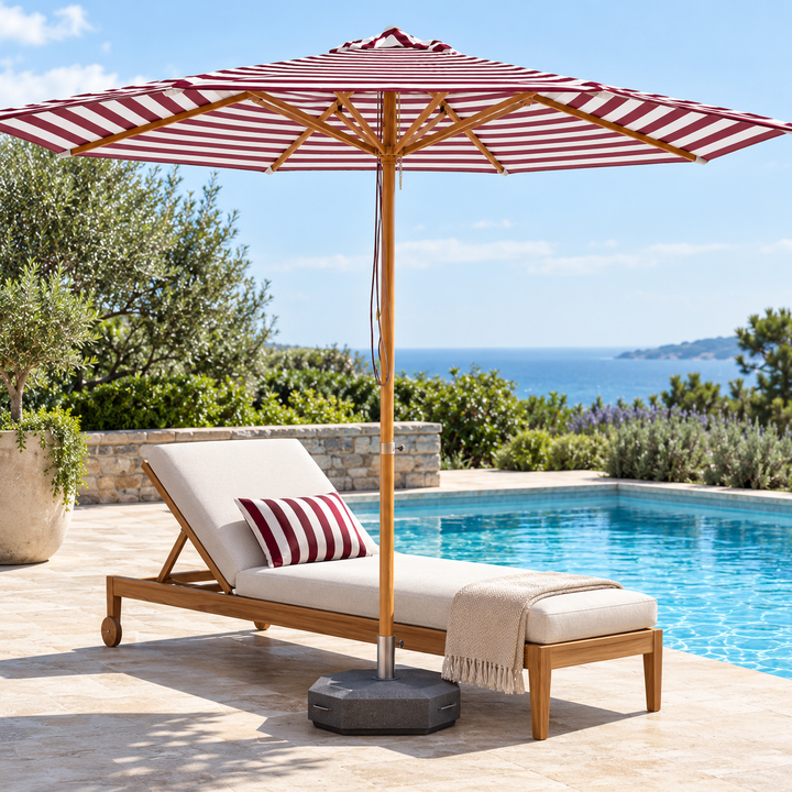 Bordeaux 3m Aluminium Umbrella with Cover - Maroon &amp; White Stripe (Timber-Look Frame)