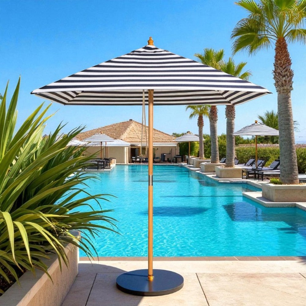 St. Tropez - 2m diameter square blue and white stripe umbrella with cover